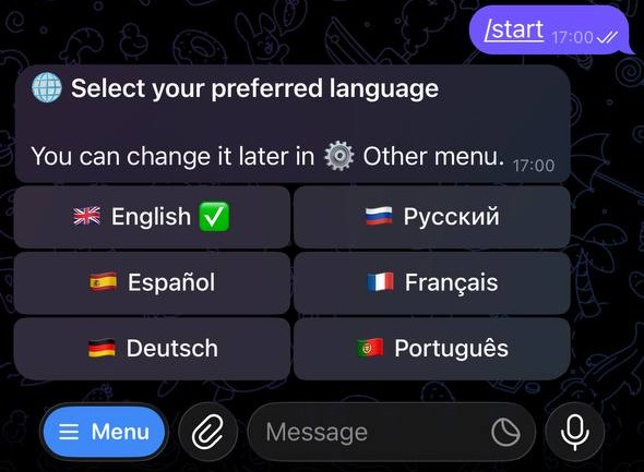 Screenshot of localization selection screen of Nudify Bot