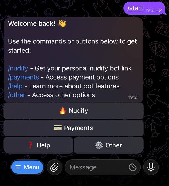 Screenshot of Nudify Bot main menu