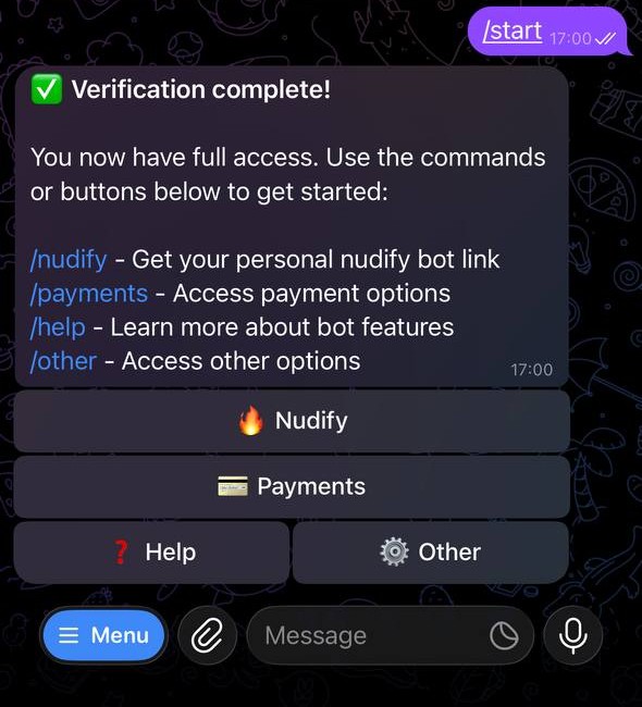 Screenshot of menu after user completes verification